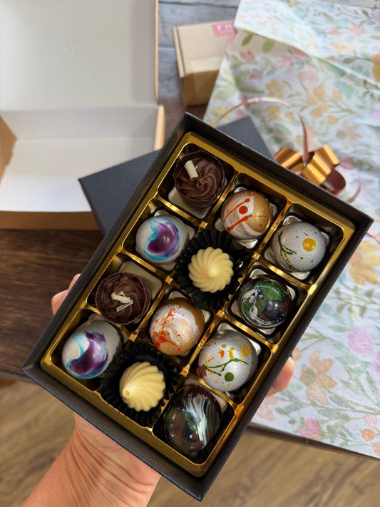 Classic Chocolate Gift Box of 12 – black box with gold tray of hand-painted bonbons