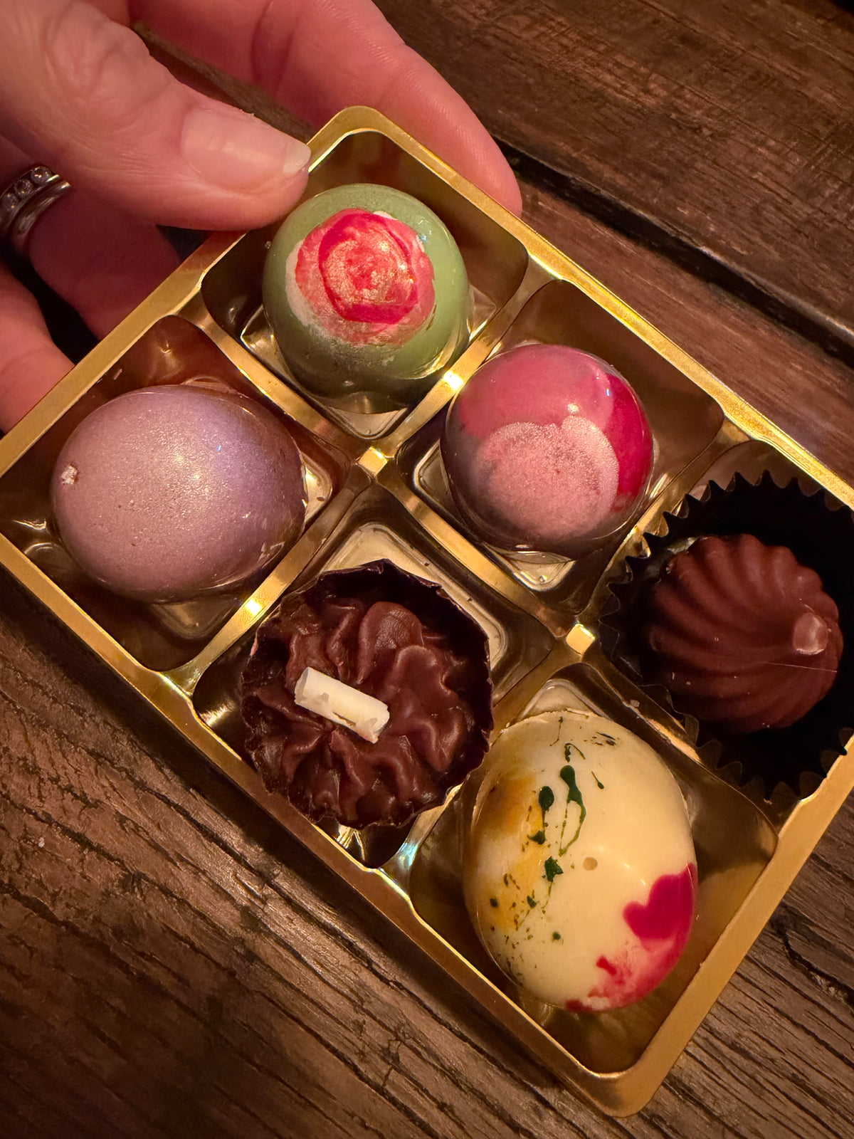 Classic Chocolate Gift Box of 6 – hand-painted bonbons in a gold tray