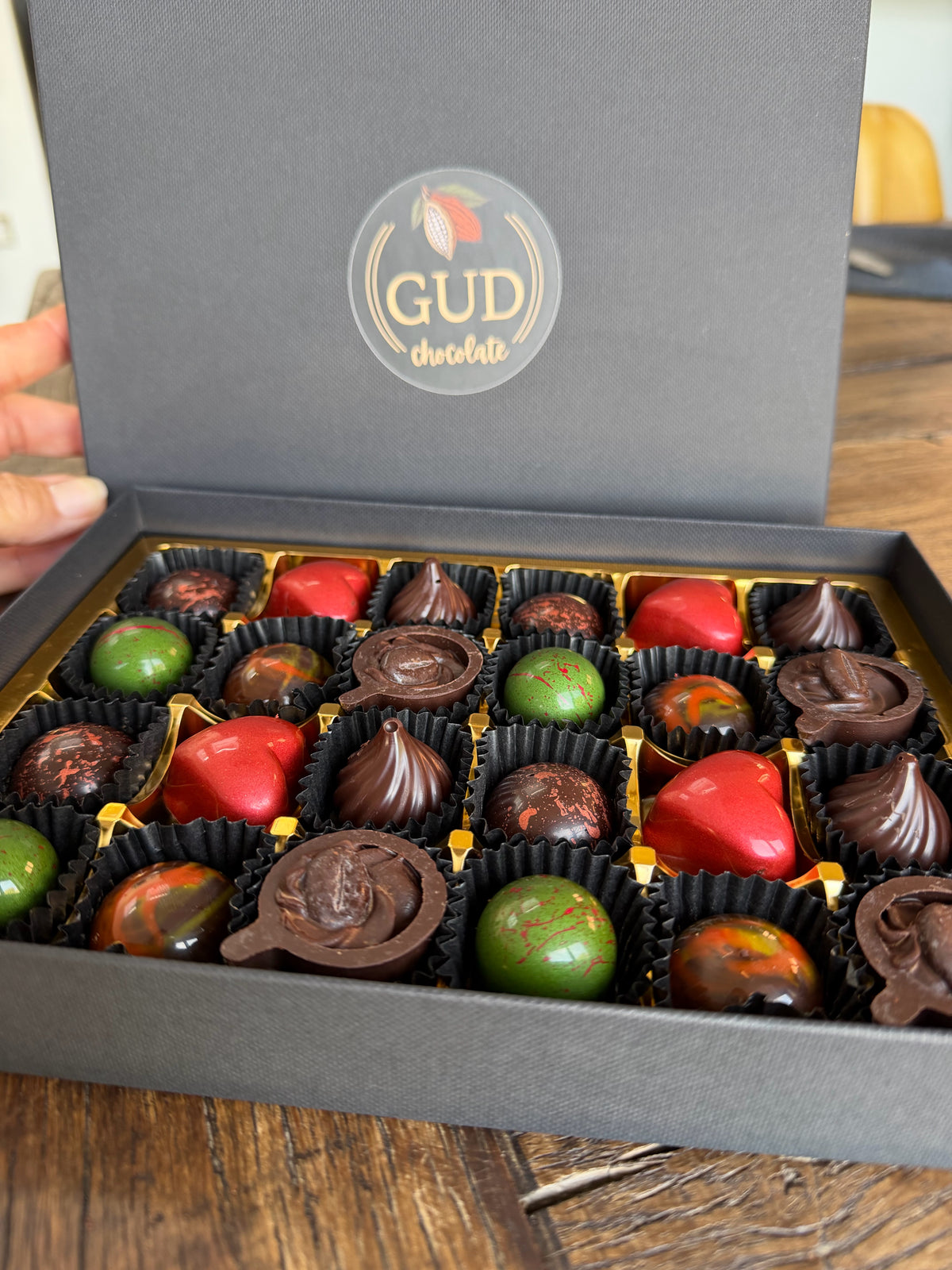 Dark Chocolate Gift Box of 24 – open box showing 24 dark chocolate bonbons, alternate view