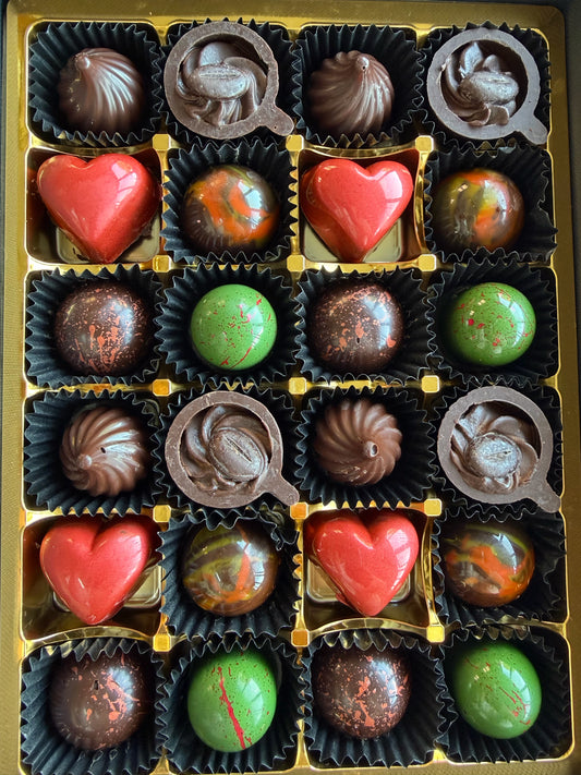Dark Chocolate Gift Box of 24 – open box of hand-painted dark chocolate bonbons